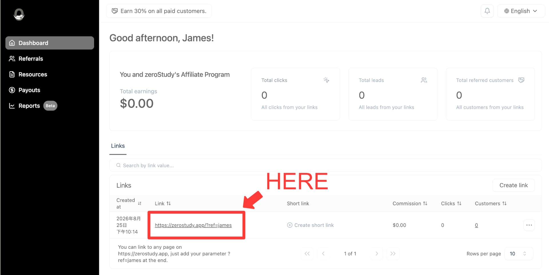 Tolt Partner Dashboard 中专属推荐链接的位置